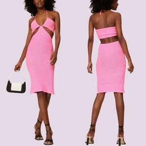 Victor Glemaud Pink Dress XL Crochet Knit Cut Out Midi Halter Beachy Mermaid